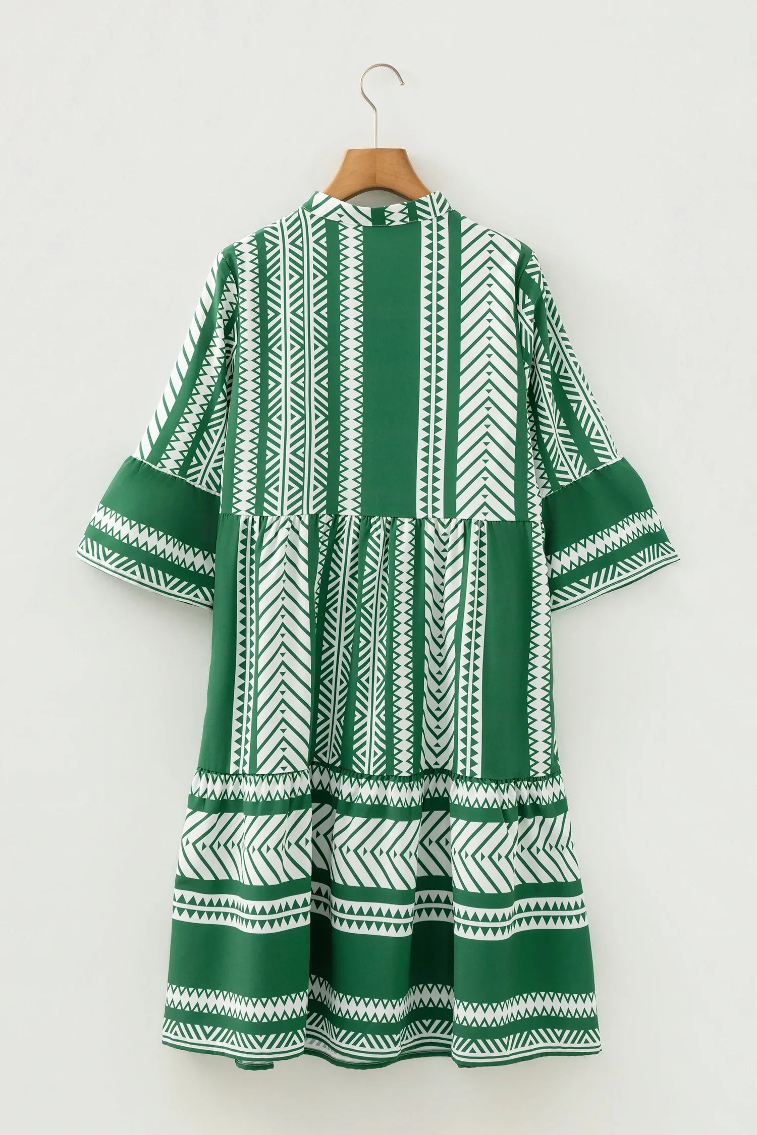 Green Boho Ethnic Print Half Button 3/4 Sleeve Casual Dress - MarkoFit