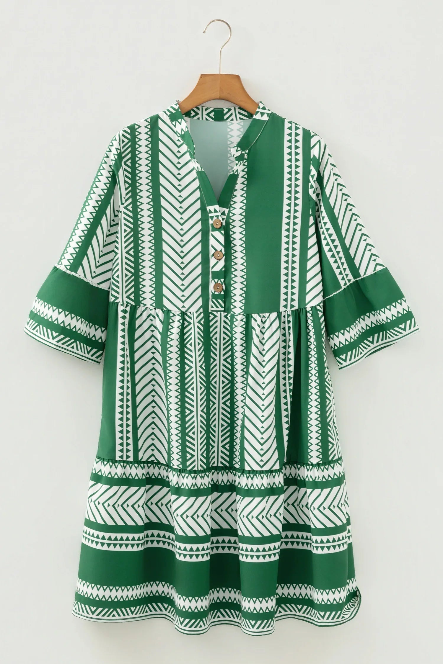 Green Boho Ethnic Print Half Button 3/4 Sleeve Casual Dress - MarkoFit