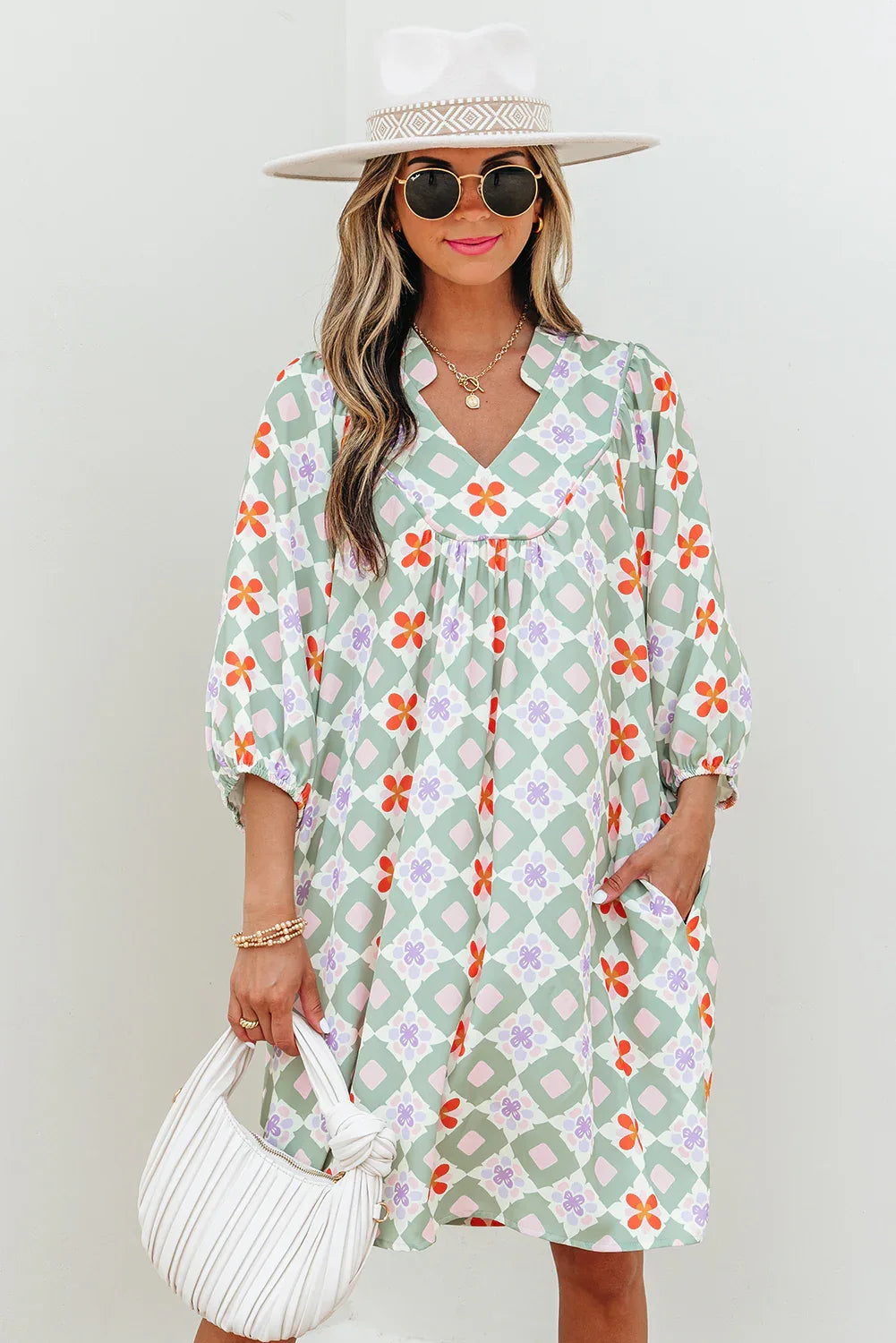 Green Geometric Floral Print 3/4 Sleeve Notched Neck Mini Dress - MarkoFit