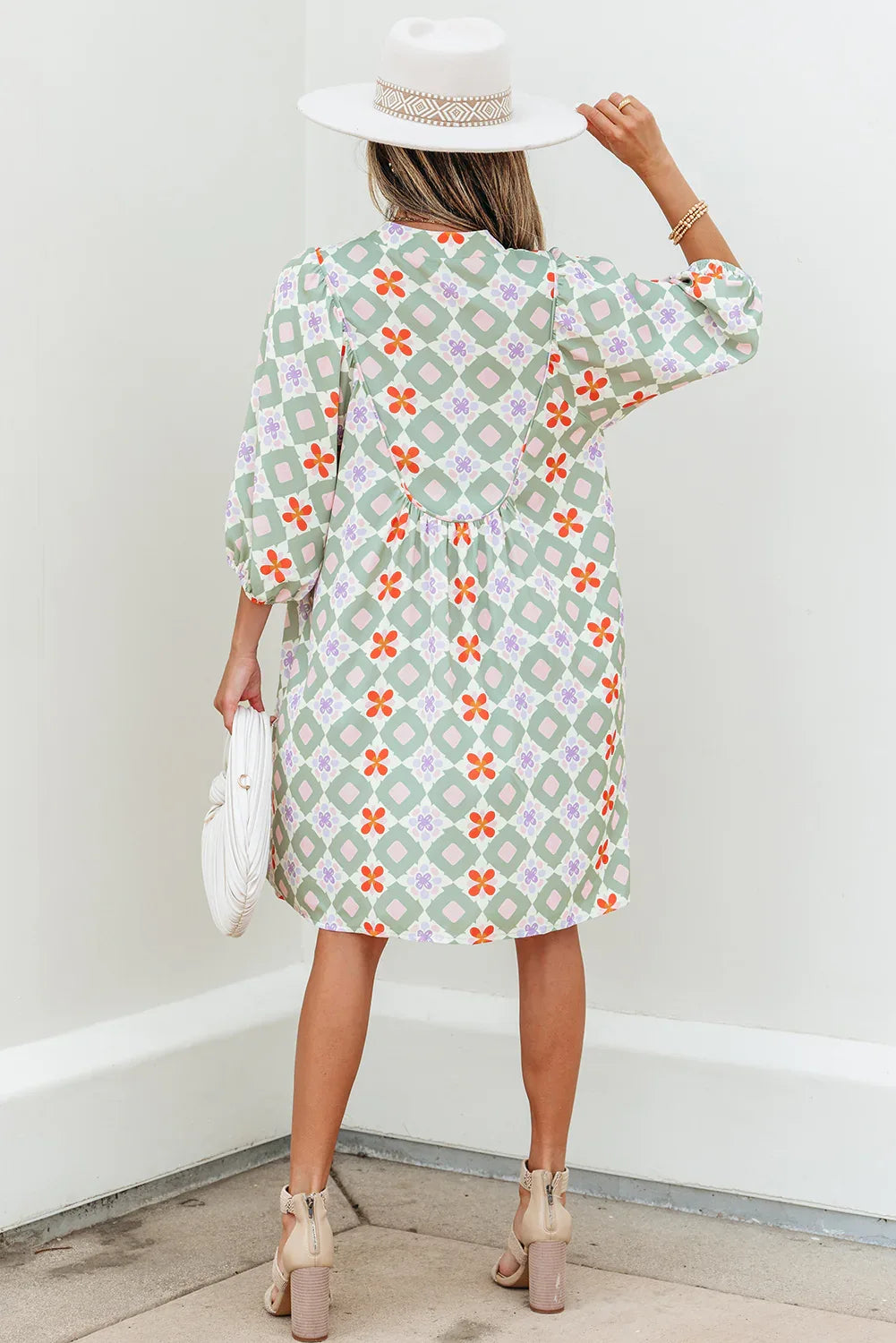 Green Geometric Floral Print 3/4 Sleeve Notched Neck Mini Dress - MarkoFit
