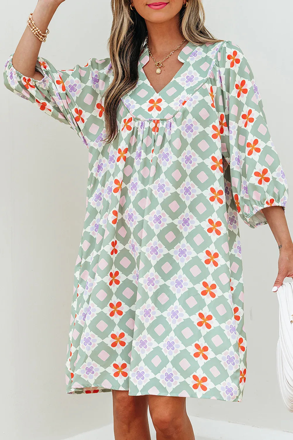 Green Geometric Floral Print 3/4 Sleeve Notched Neck Mini Dress - MarkoFit