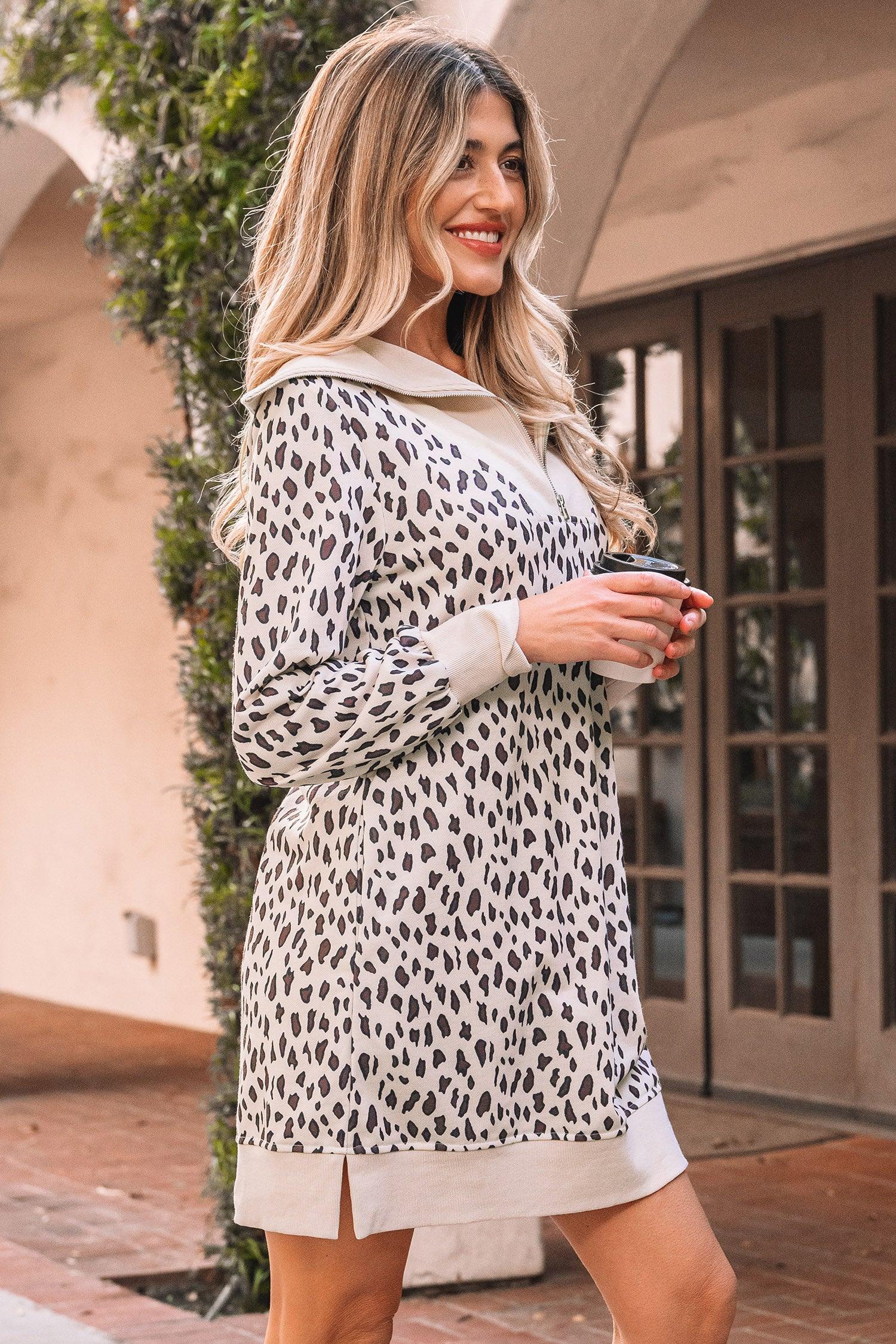 Khaki Leopard Print Zip up Collar Patchwork Shift Mini Dress - MarkoFit