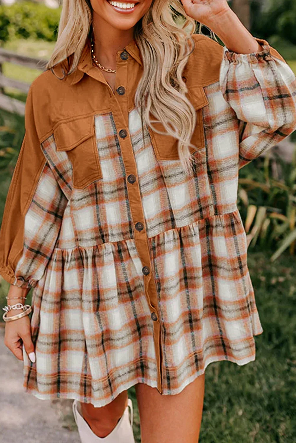 Khaki Plaid Color Block Patchwork Ruffle Hem Tunic Shirt Dress - MarkoFit