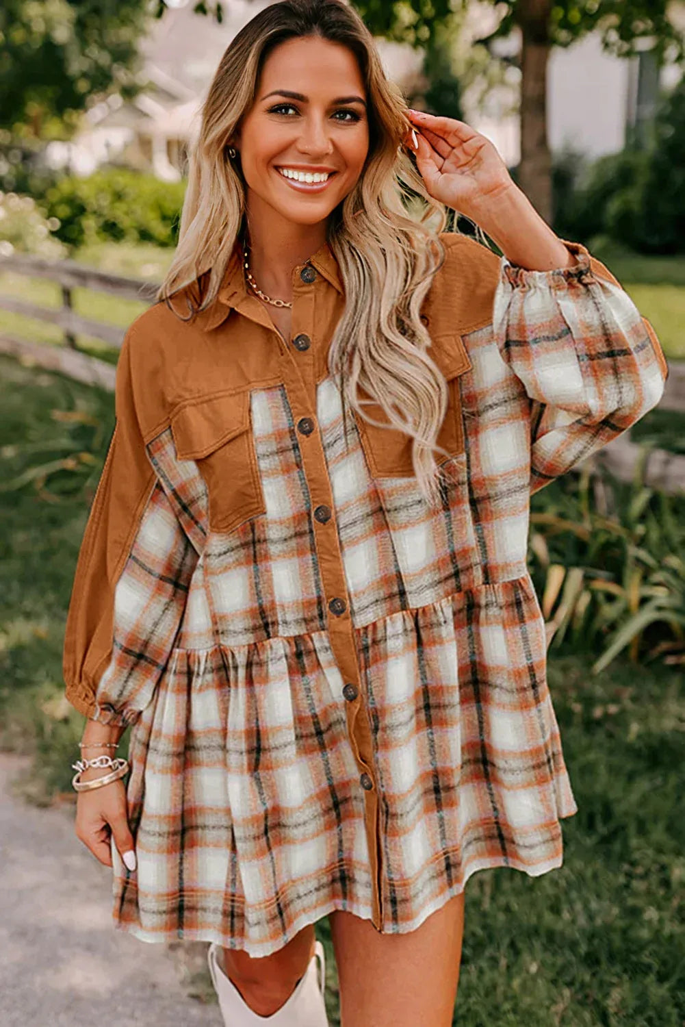 Khaki Plaid Color Block Patchwork Ruffle Hem Tunic Shirt Dress - MarkoFit