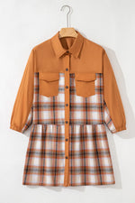 Khaki Plaid Color Block Patchwork Ruffle Hem Tunic Shirt Dress - MarkoFit