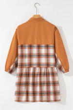 Khaki Plaid Color Block Patchwork Ruffle Hem Tunic Shirt Dress - MarkoFit