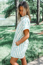 Mint Green St Patricks Striped Wide Short Sleeve Shift Mini Shirt Dress - MarkoFit