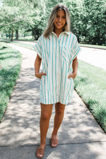 Mint Green St Patricks Striped Wide Short Sleeve Shift Mini Shirt Dress - MarkoFit