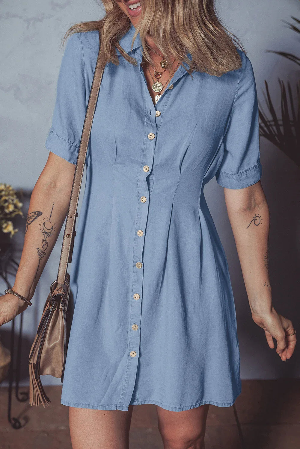 Myosotis Denim Pleated Slim Waist Short Sleeve Shirt Dress - MarkoFit
