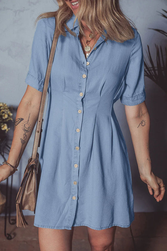 Myosotis Denim Pleated Slim Waist Short Sleeve Shirt Dress - MarkoFit