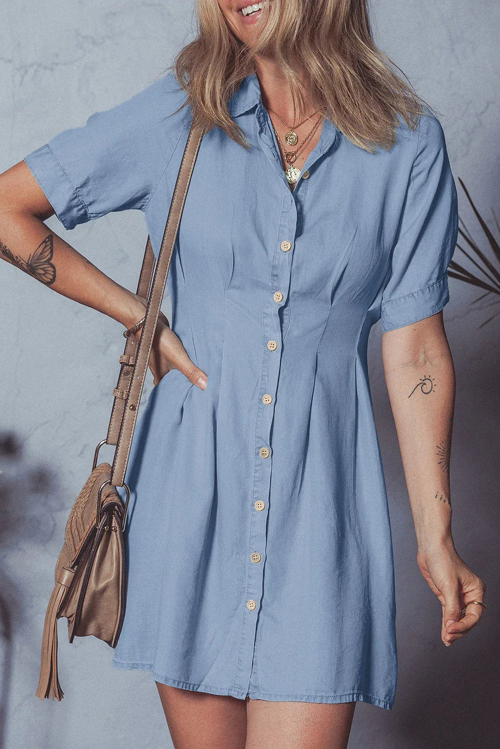 Myosotis Denim Pleated Slim Waist Short Sleeve Shirt Dress - MarkoFit