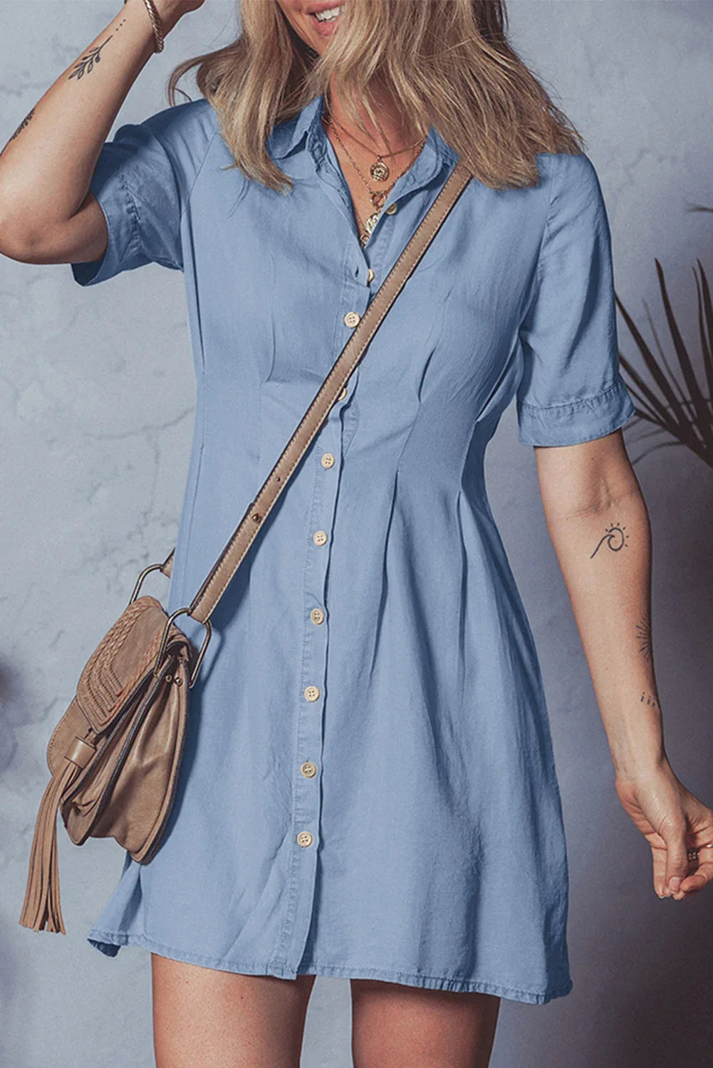 Myosotis Denim Pleated Slim Waist Short Sleeve Shirt Dress - MarkoFit