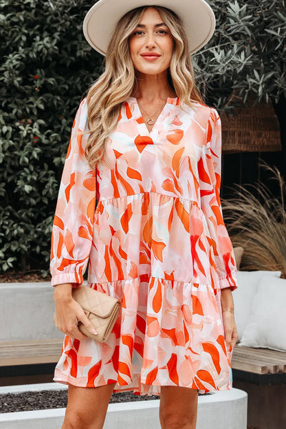 Orange Abstract Print Split Neck Long Sleeve Dress - MarkoFit