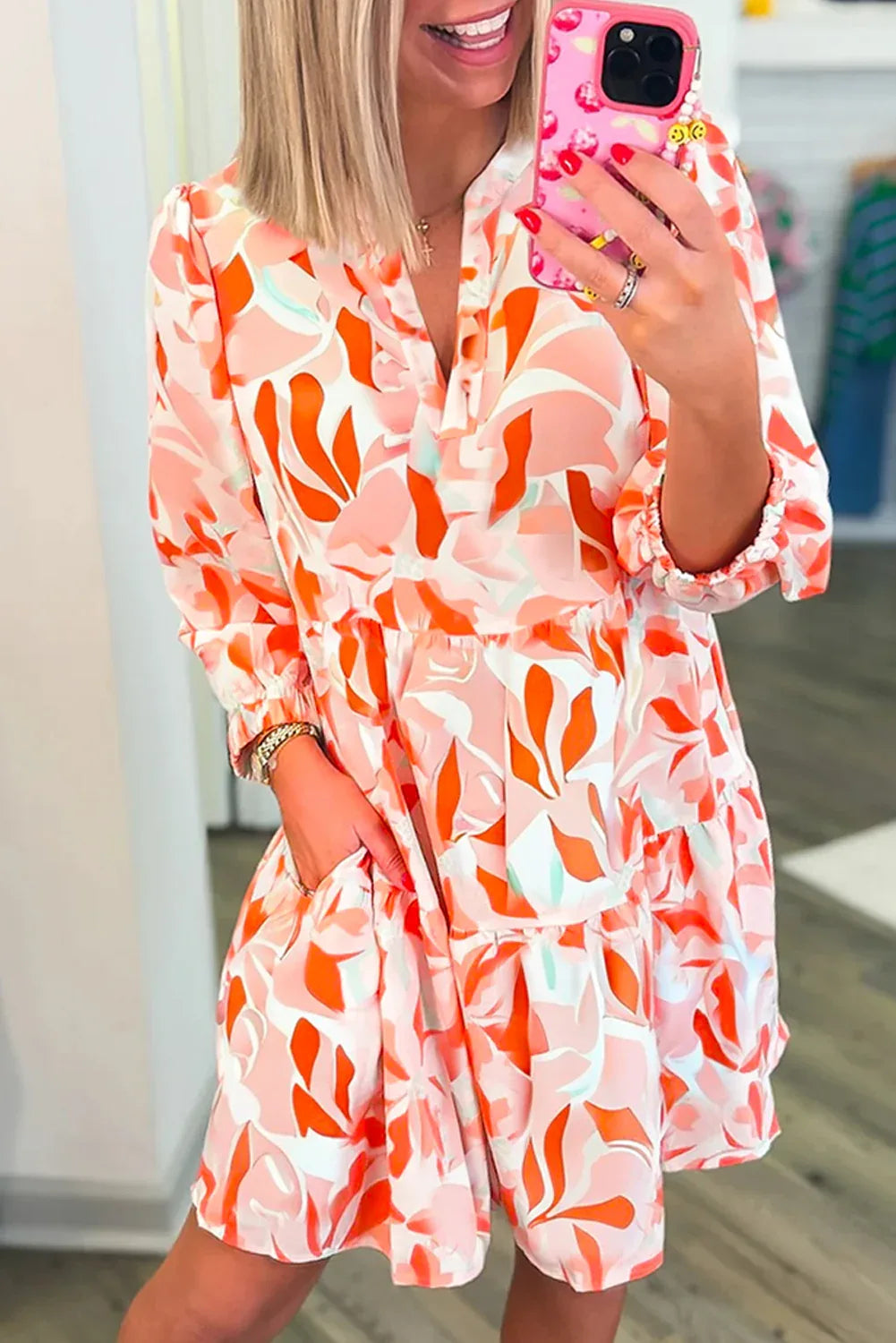 Orange Abstract Print Split Neck Long Sleeve Dress - MarkoFit
