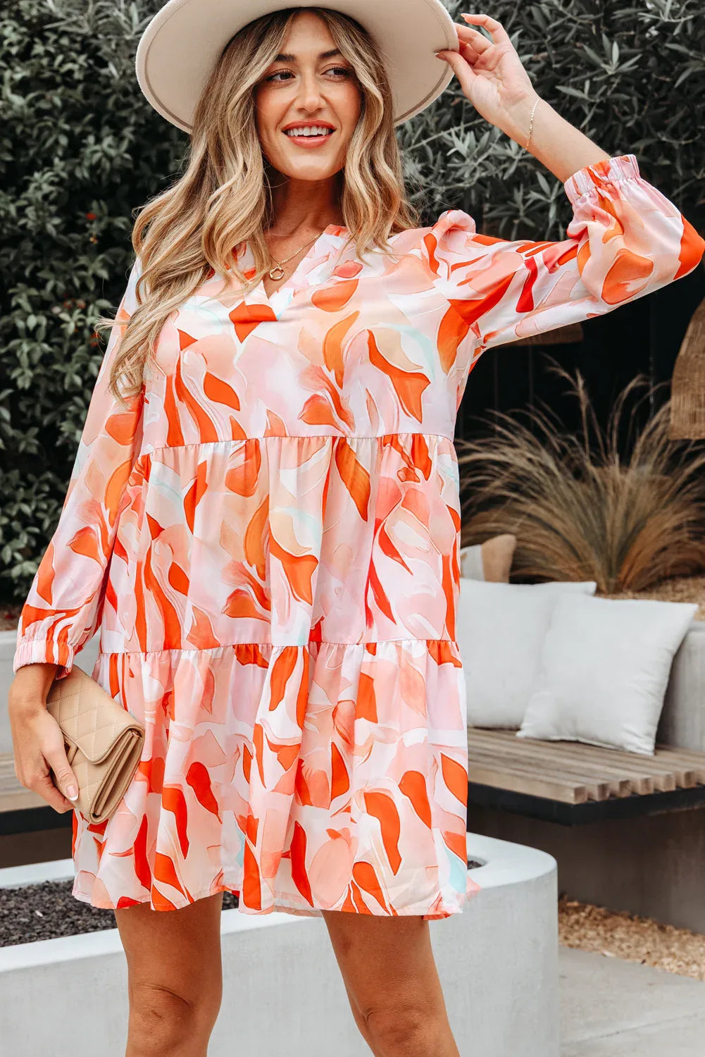 Orange Abstract Print Split Neck Long Sleeve Dress - MarkoFit