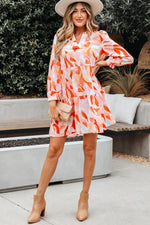 Orange Abstract Print Split Neck Long Sleeve Dress - MarkoFit