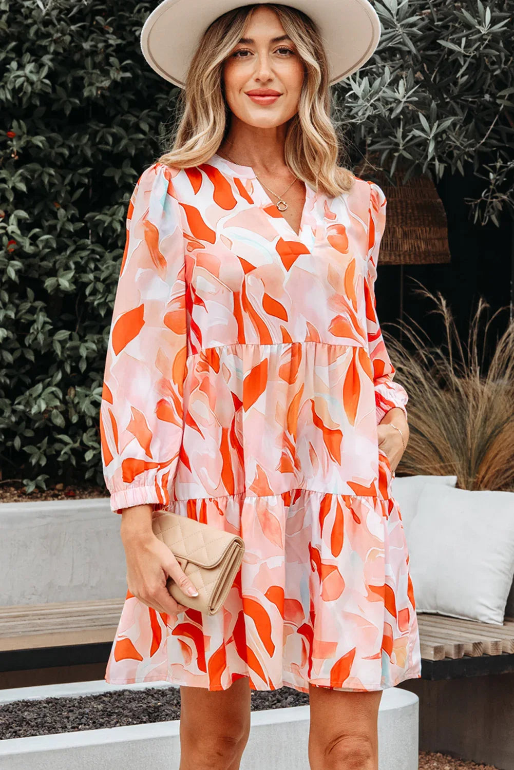 Orange Abstract Print Split Neck Long Sleeve Dress - MarkoFit