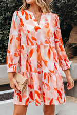 Orange Abstract Print Split Neck Long Sleeve Dress - MarkoFit