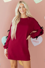 Racing Red Contrast Striped Bow Detail Drop Shoulder Sweatshirt Dress with Pockets - MarkoFit