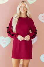 Racing Red Contrast Striped Bow Detail Drop Shoulder Sweatshirt Dress with Pockets - MarkoFit