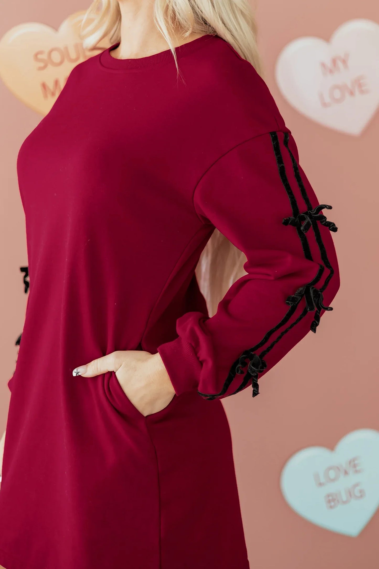 Racing Red Contrast Striped Bow Detail Drop Shoulder Sweatshirt Dress with Pockets - MarkoFit