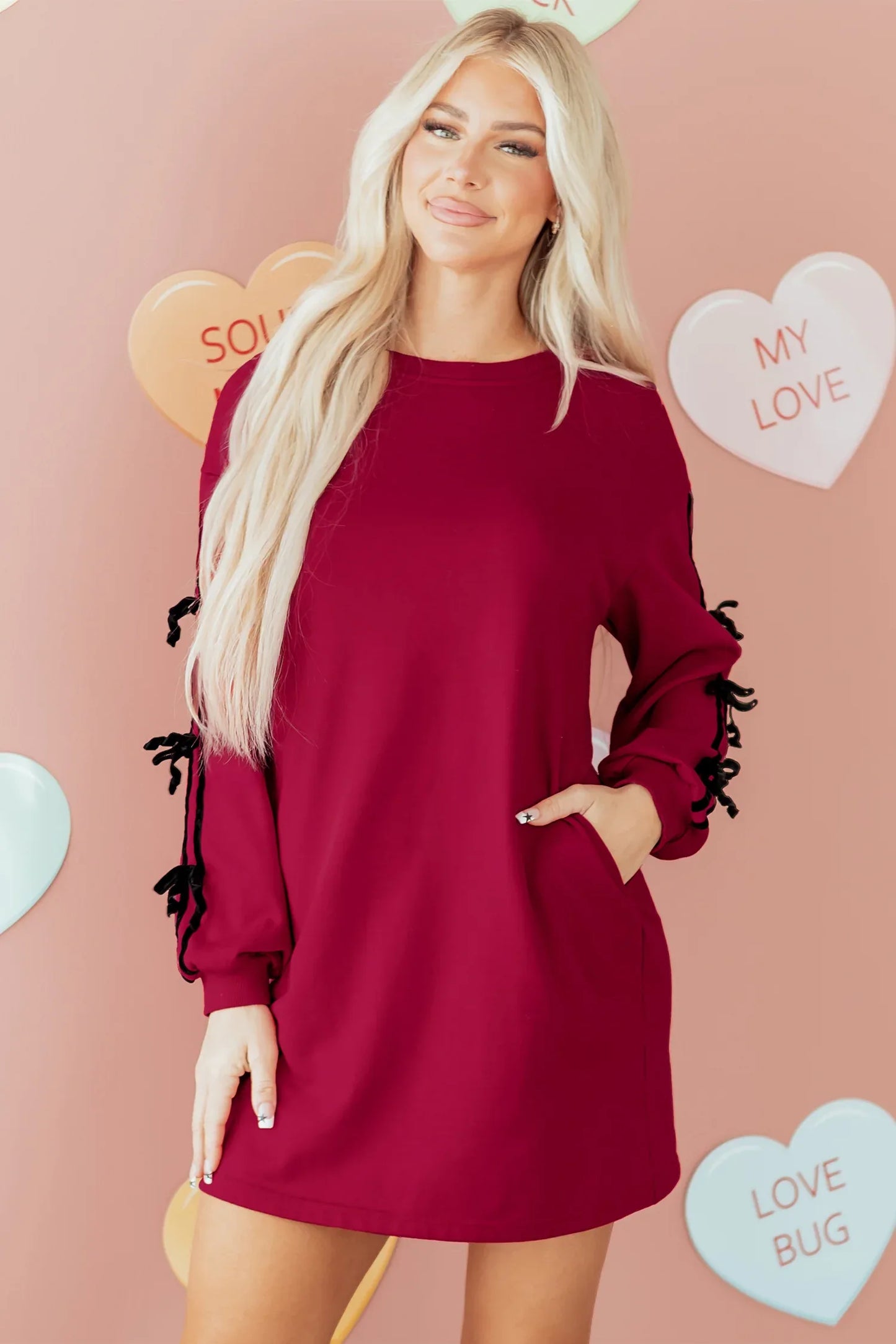 Racing Red Contrast Striped Bow Detail Drop Shoulder Sweatshirt Dress with Pockets - MarkoFit