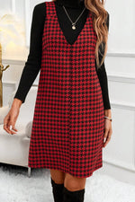 Red Houndstooth Print V Neck Sleeveless Mini Dress - MarkoFit