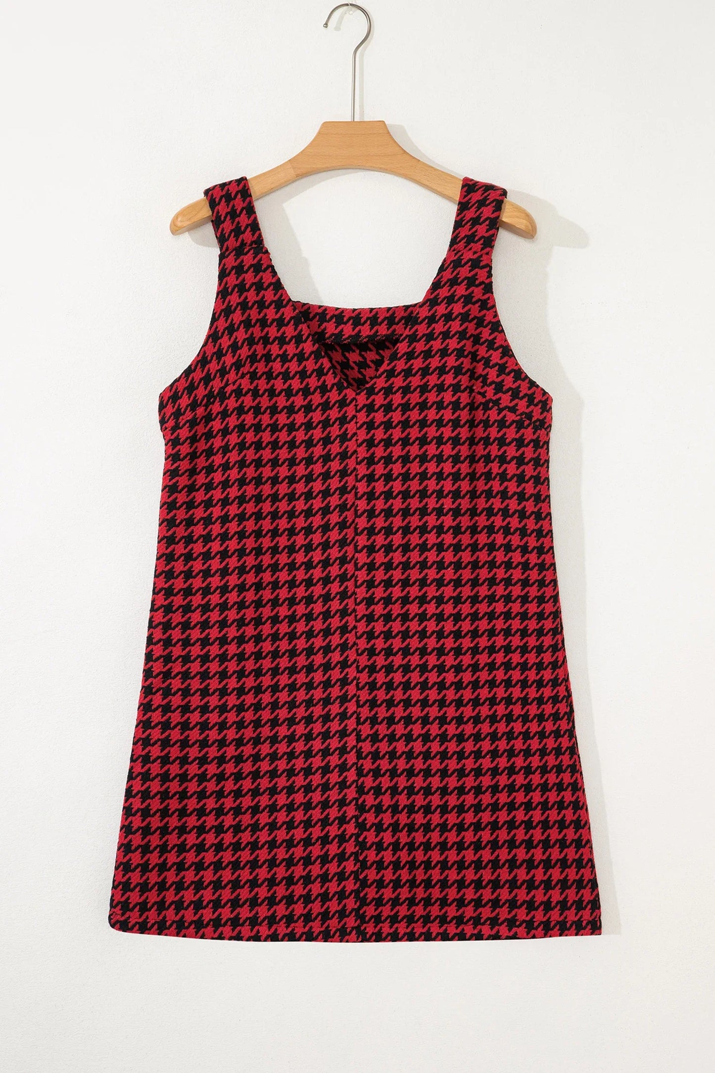 Red Houndstooth Print V Neck Sleeveless Mini Dress - MarkoFit