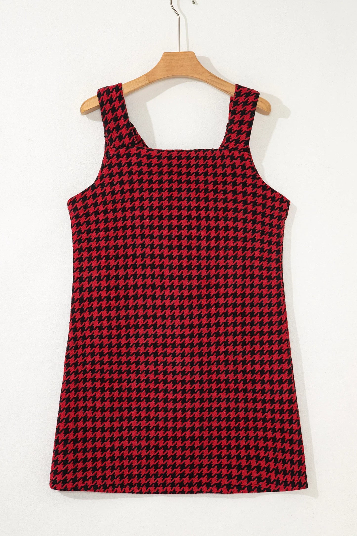 Red Houndstooth Print V Neck Sleeveless Mini Dress - MarkoFit