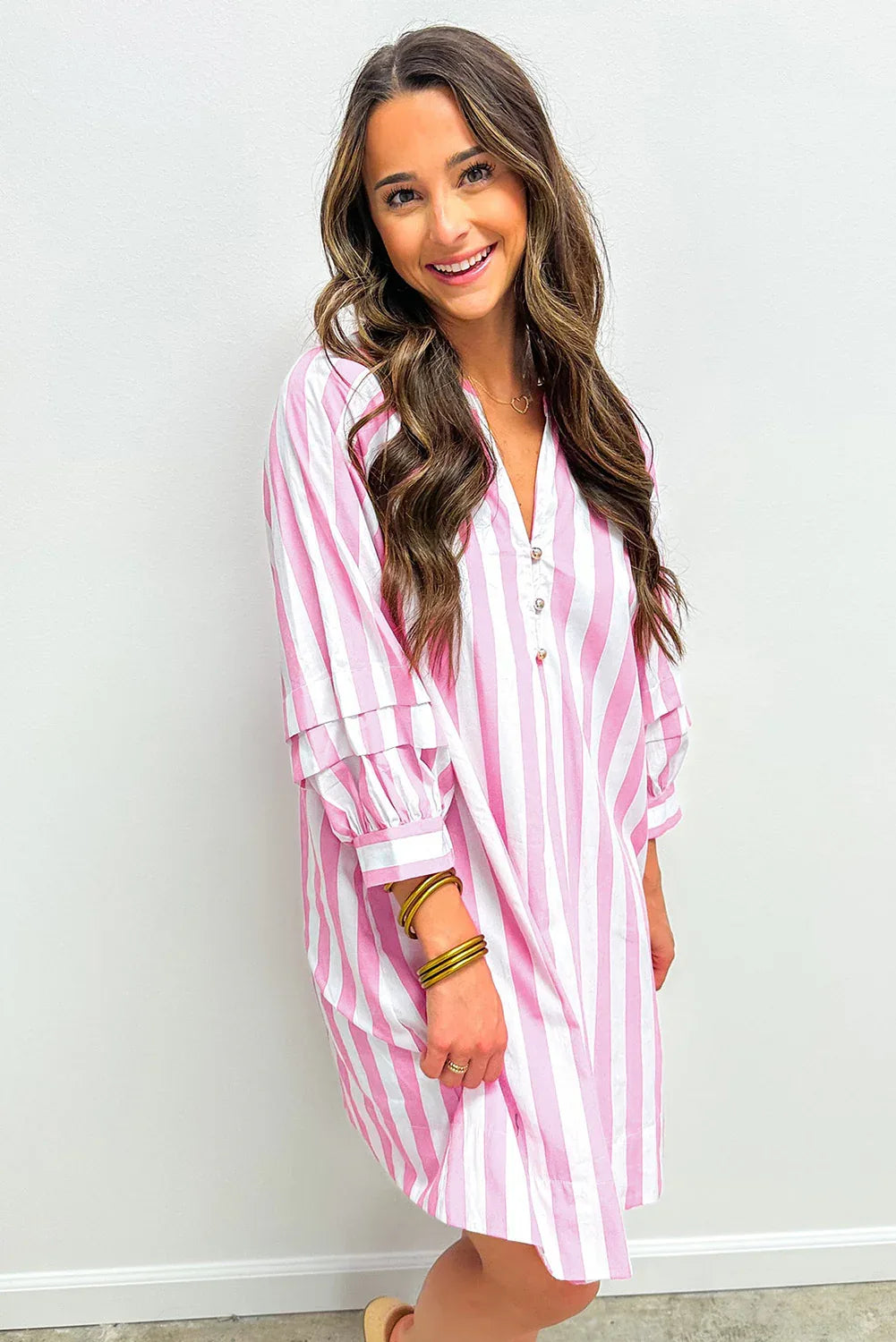 Rose Stripe Bracelet Sleeve Buttons Loose Mini Dress - MarkoFit