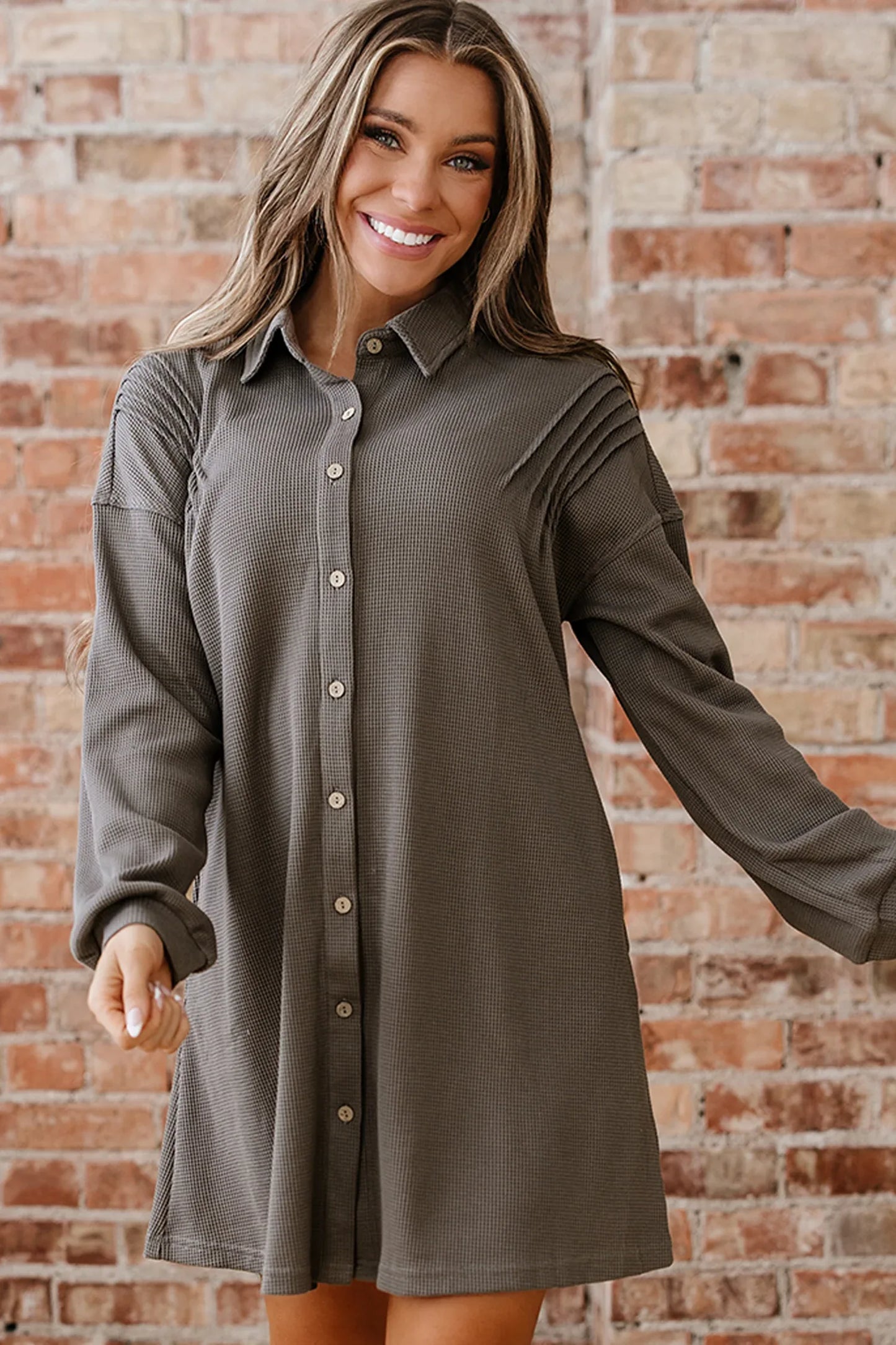Simply Taupe Waffle Knit Shirt Tunic Dress - MarkoFit