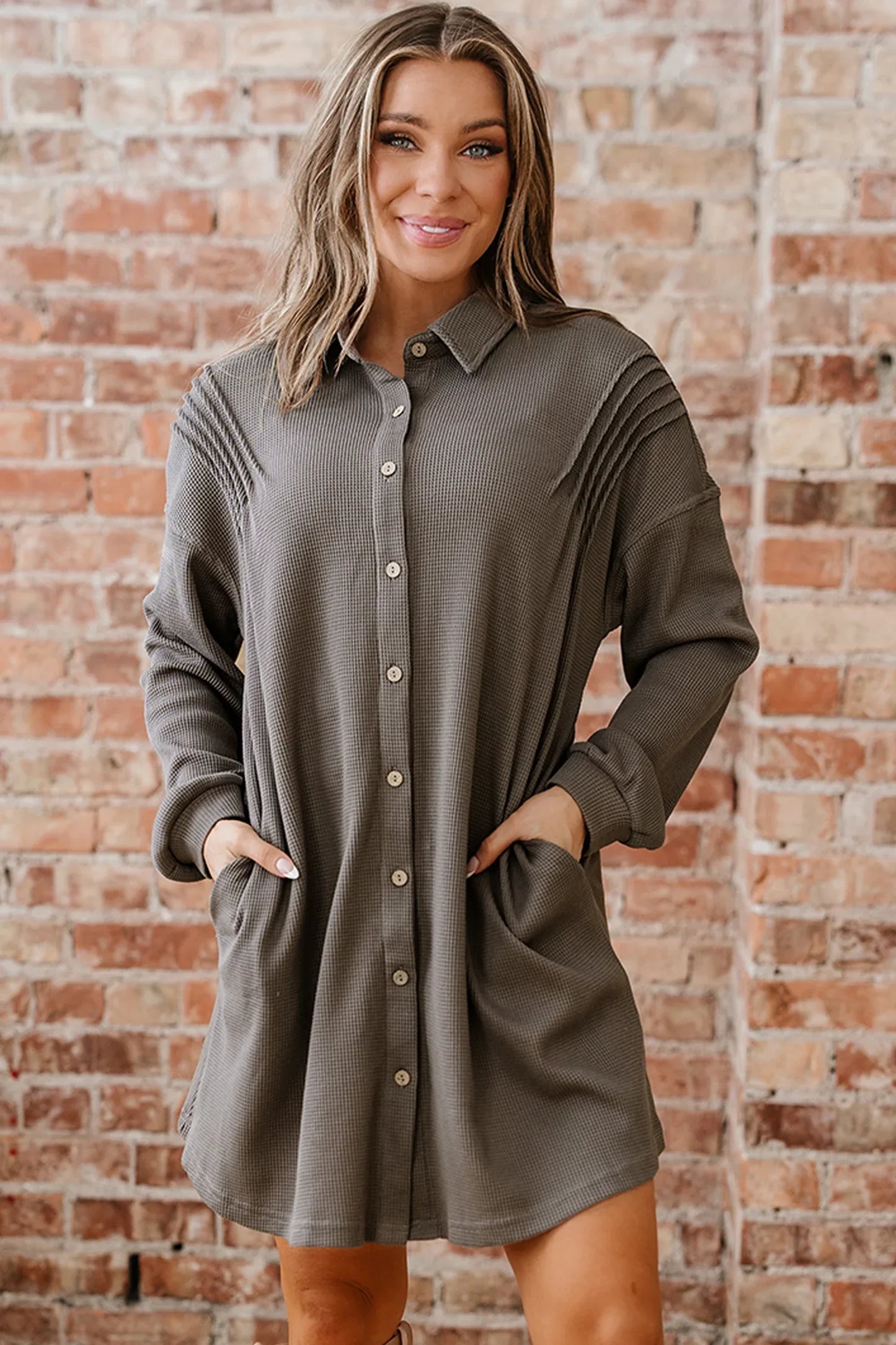 Simply Taupe Waffle Knit Shirt Tunic Dress - MarkoFit