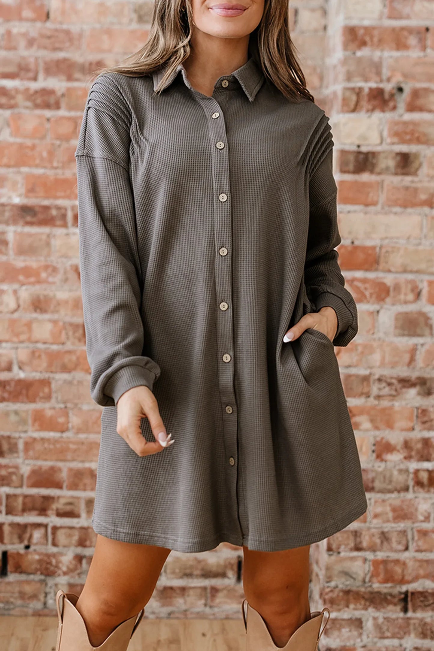 Simply Taupe Waffle Knit Shirt Tunic Dress - MarkoFit