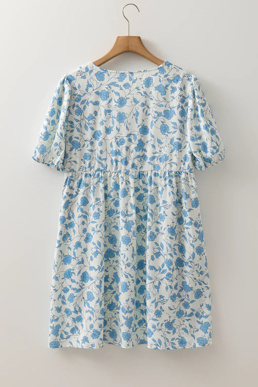 Sky Blue Floral Contrast Bow Puff Sleeve Mini Dress - MarkoFit