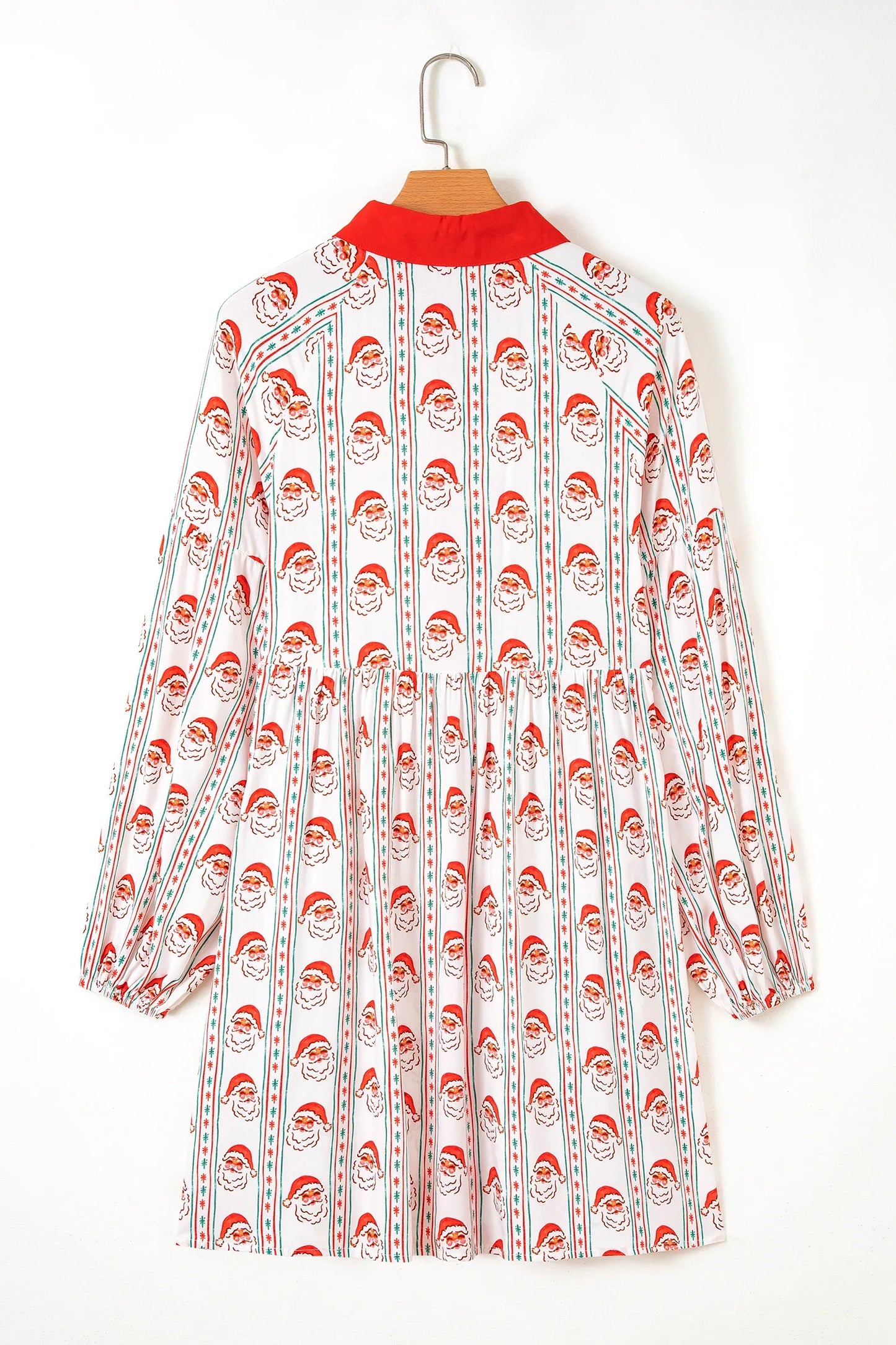 White Father Christmas Contrast Collar Button Front Long Sleeve A-line Mini Dress - MarkoFit