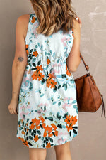 White Gray Floral Printed Sleeveless Button Up High Waist Mini Dress - MarkoFit