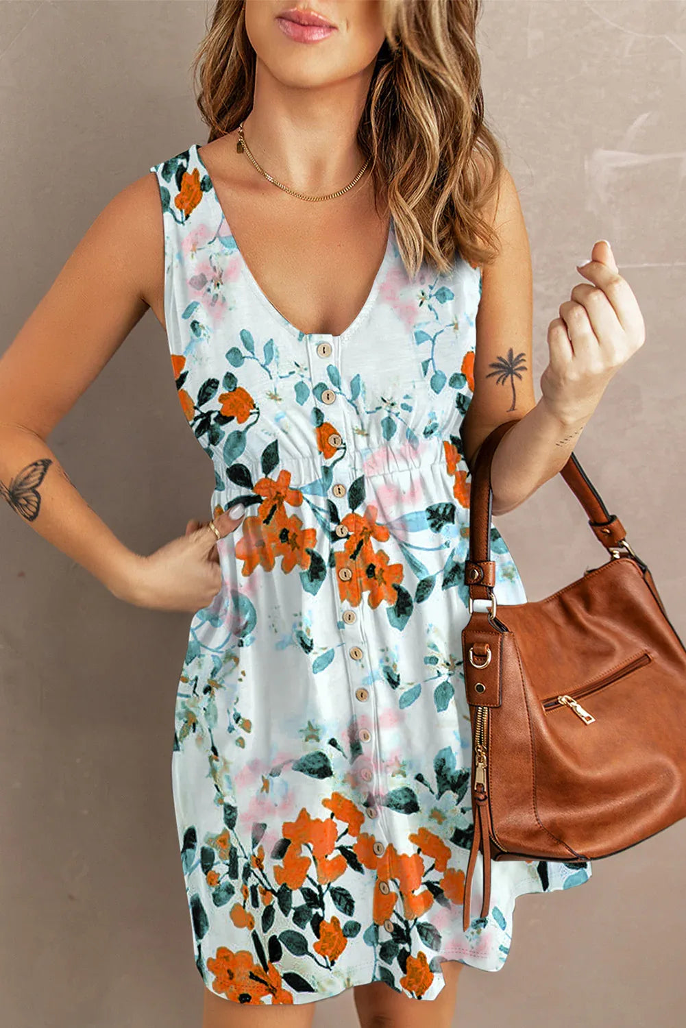 White Gray Floral Printed Sleeveless Button Up High Waist Mini Dress - MarkoFit