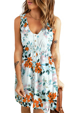 White Gray Floral Printed Sleeveless Button Up High Waist Mini Dress - MarkoFit