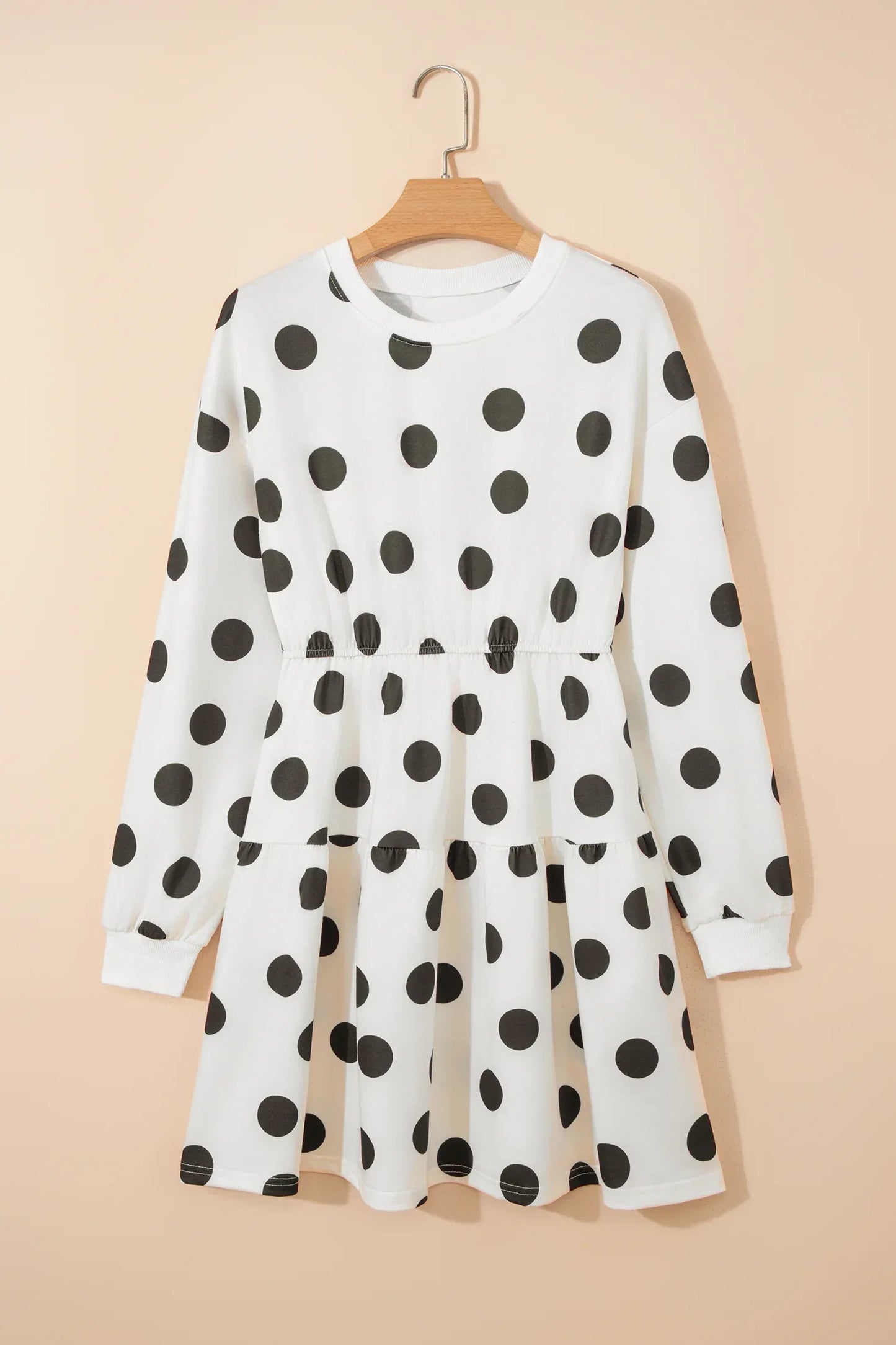 White Polka Dot Printed Long Sleeve Flared Mini Dress - MarkoFit