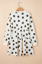 White Polka Dot Printed Long Sleeve Flared Mini Dress - MarkoFit