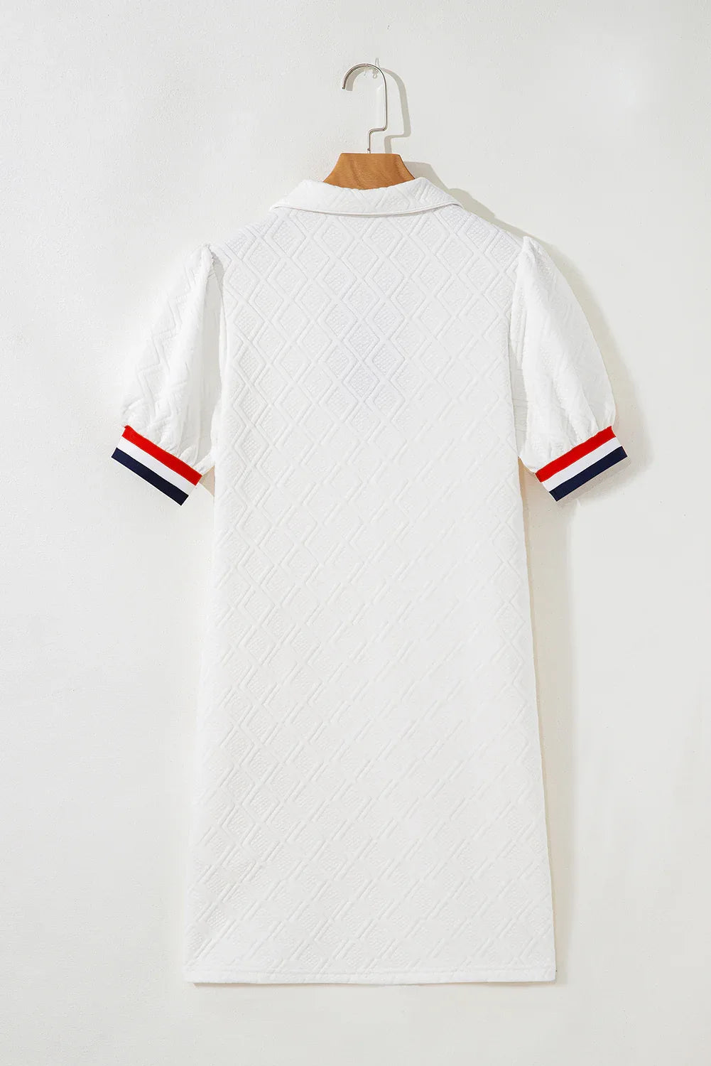 White Textured Jacquard Colorblock Edge Puff Sleeve Quarter Zip Mini Dress - MarkoFit