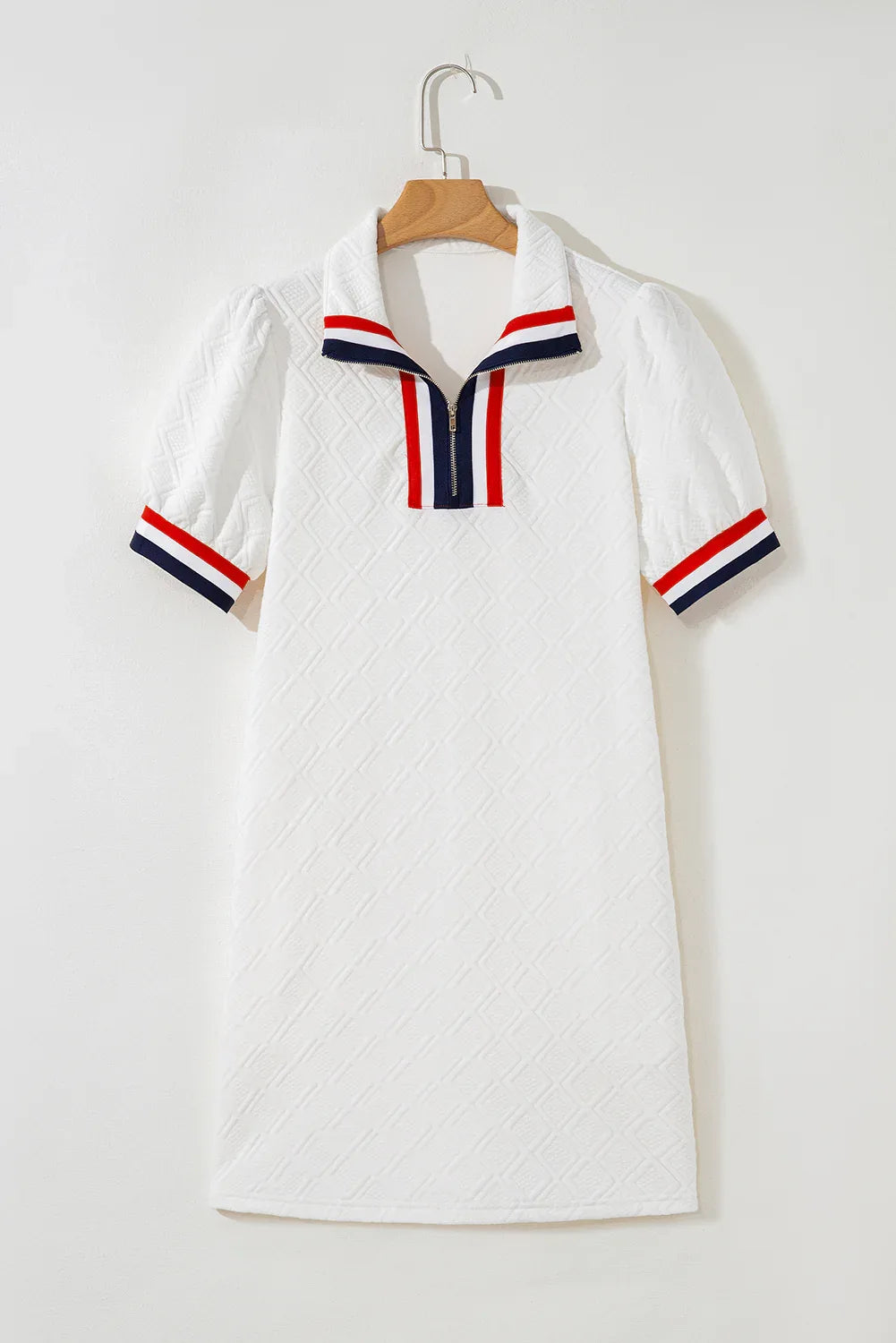 White Textured Jacquard Colorblock Edge Puff Sleeve Quarter Zip Mini Dress - MarkoFit