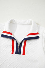 White Textured Jacquard Colorblock Edge Puff Sleeve Quarter Zip Mini Dress - MarkoFit