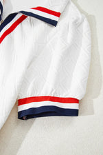 White Textured Jacquard Colorblock Edge Puff Sleeve Quarter Zip Mini Dress - MarkoFit