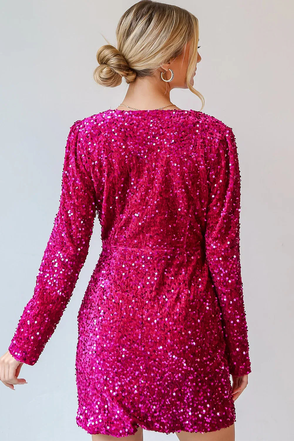 Pitaya Pink Velvet Sequin Long Sleeve V Neck Wrapped Mini Dress - MarkoFit