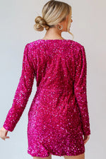 Pitaya Pink Velvet Sequin Long Sleeve V Neck Wrapped Mini Dress - MarkoFit