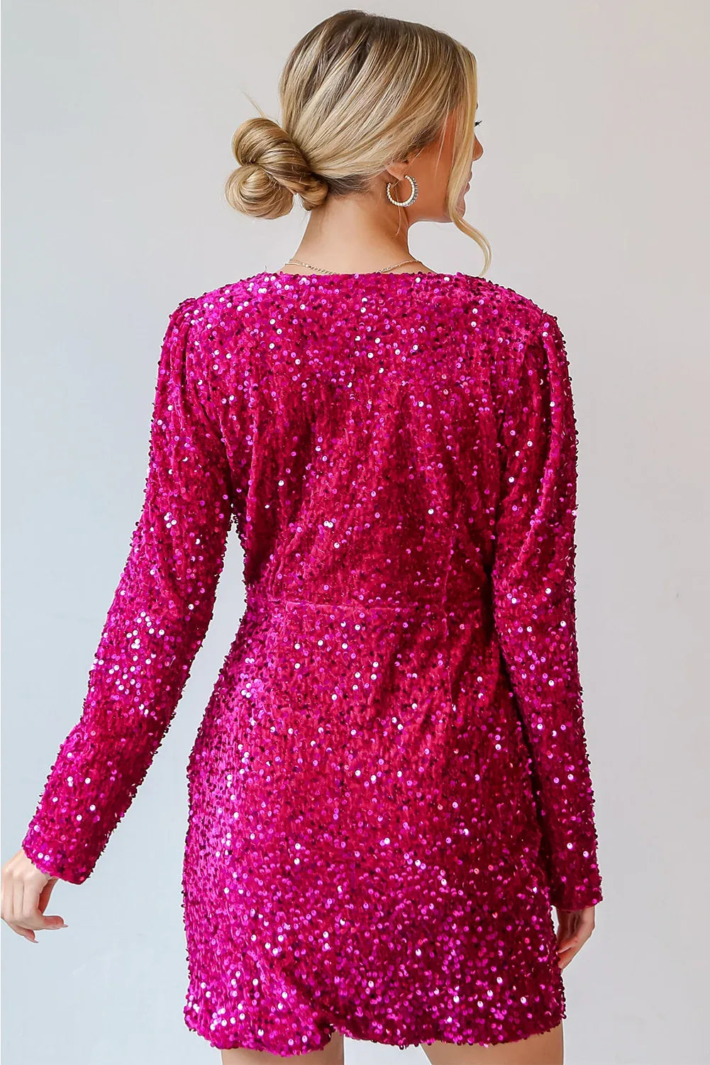 Pitaya Pink Velvet Sequin Long Sleeve V Neck Wrapped Mini Dress - MarkoFit