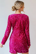 Pitaya Pink Velvet Sequin Long Sleeve V Neck Wrapped Mini Dress - MarkoFit