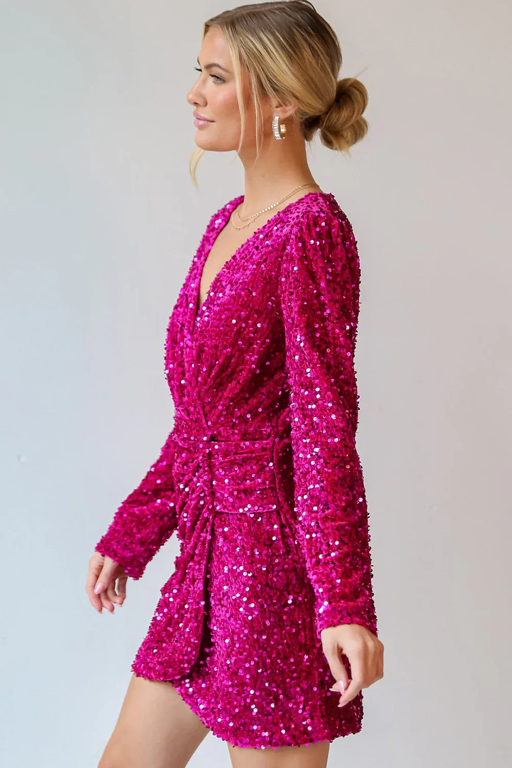 Pitaya Pink Velvet Sequin Long Sleeve V Neck Wrapped Mini Dress - MarkoFit