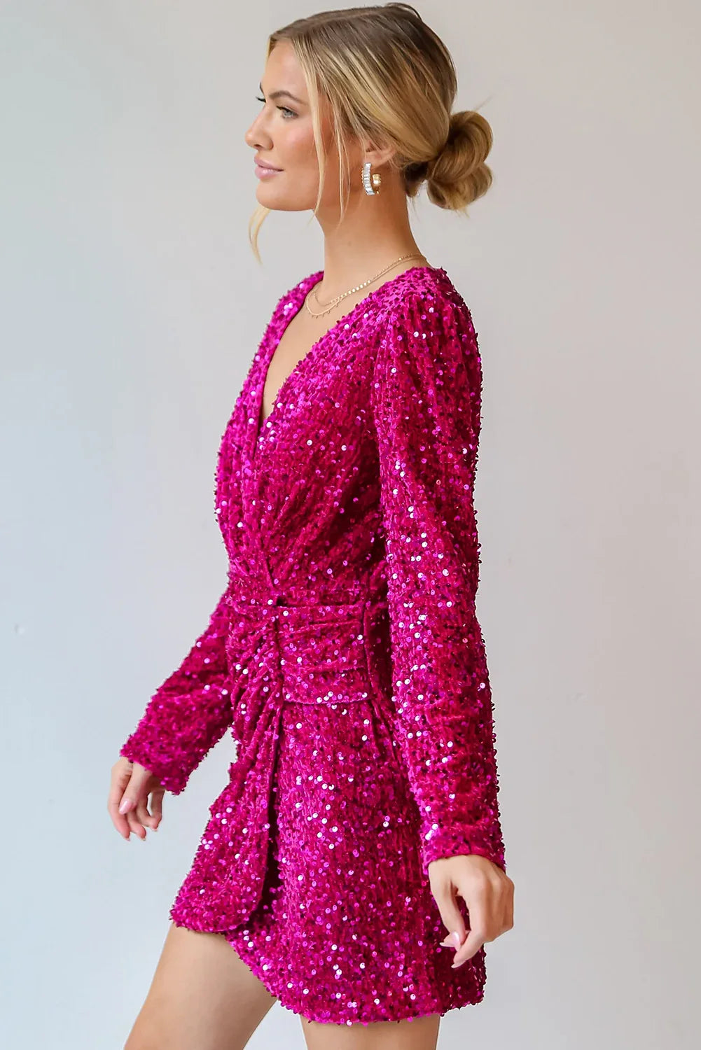 Pitaya Pink Velvet Sequin Long Sleeve V Neck Wrapped Mini Dress - MarkoFit